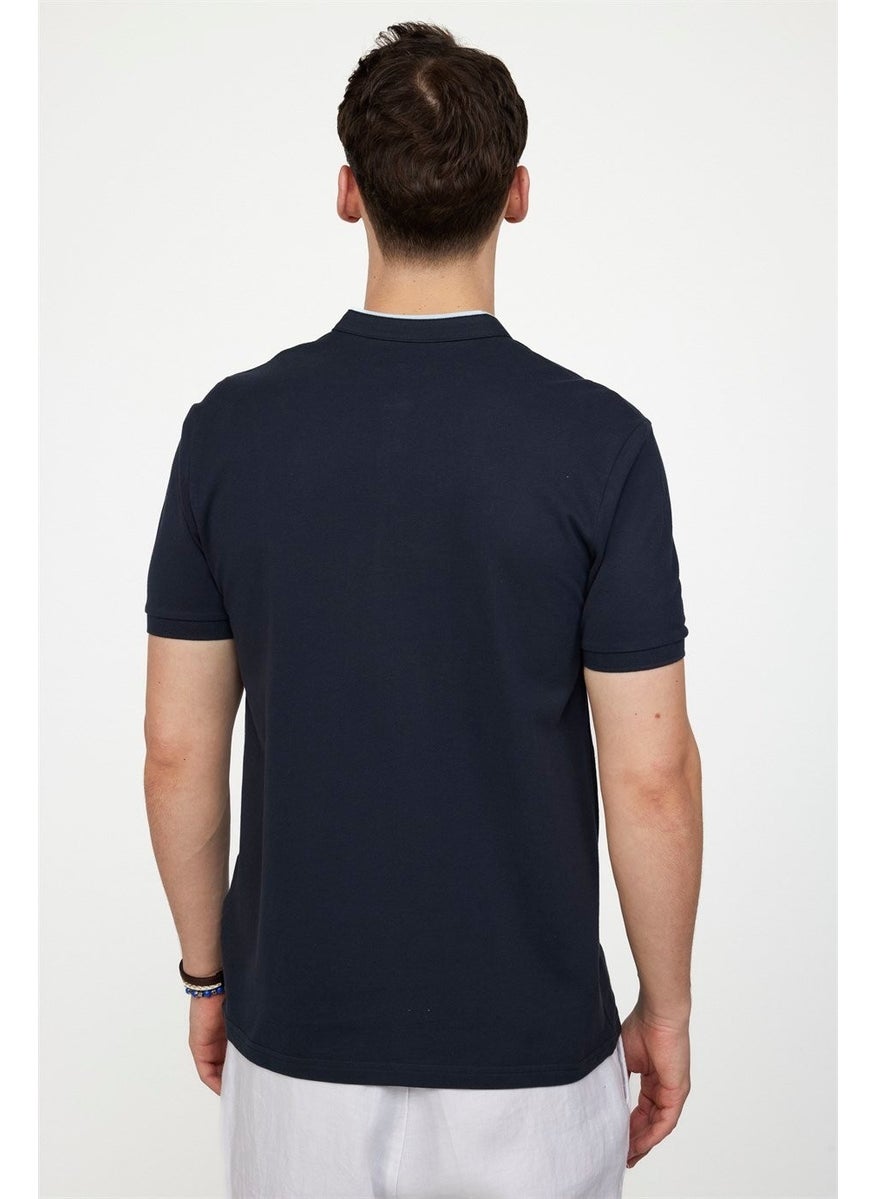 Men's Slim Fit Narrow Cut 100% Cotton Plain Pique Navy Blue Crew Neck T-Shirt