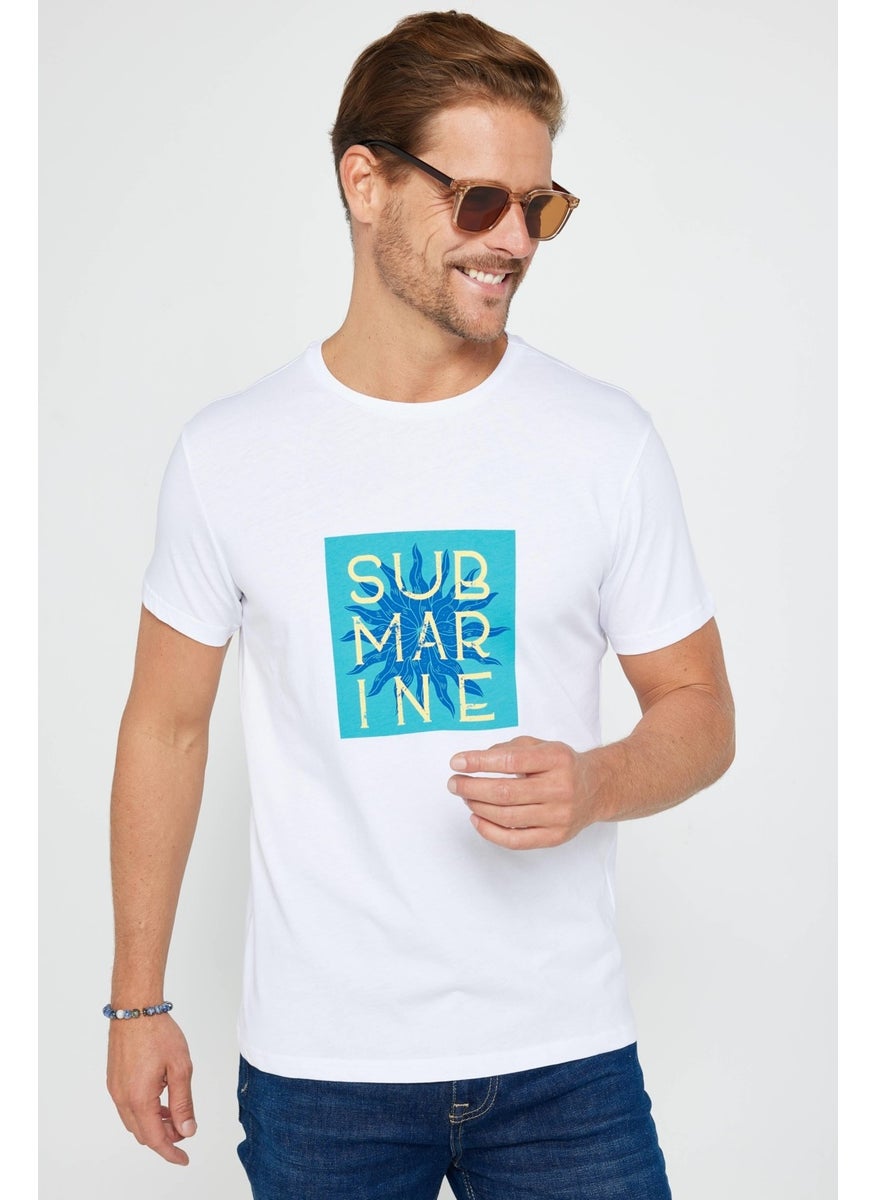 Men's Slim Fit Narrow Cut Cotton Soft Textured Printed White Crew Neck T-Shirt
