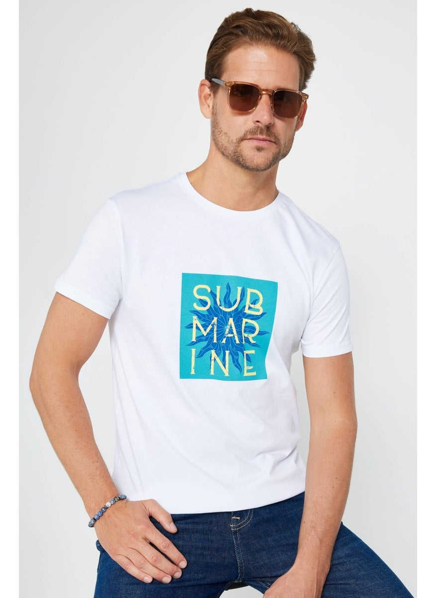 Men's Slim Fit Narrow Cut Cotton Soft Textured Printed White Crew Neck T-Shirt
