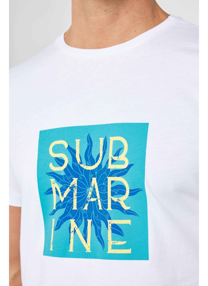 Men's Slim Fit Narrow Cut Cotton Soft Textured Printed White Crew Neck T-Shirt