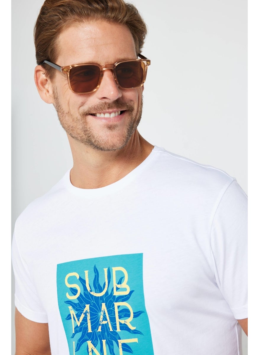 Men's Slim Fit Narrow Cut Cotton Soft Textured Printed White Crew Neck T-Shirt