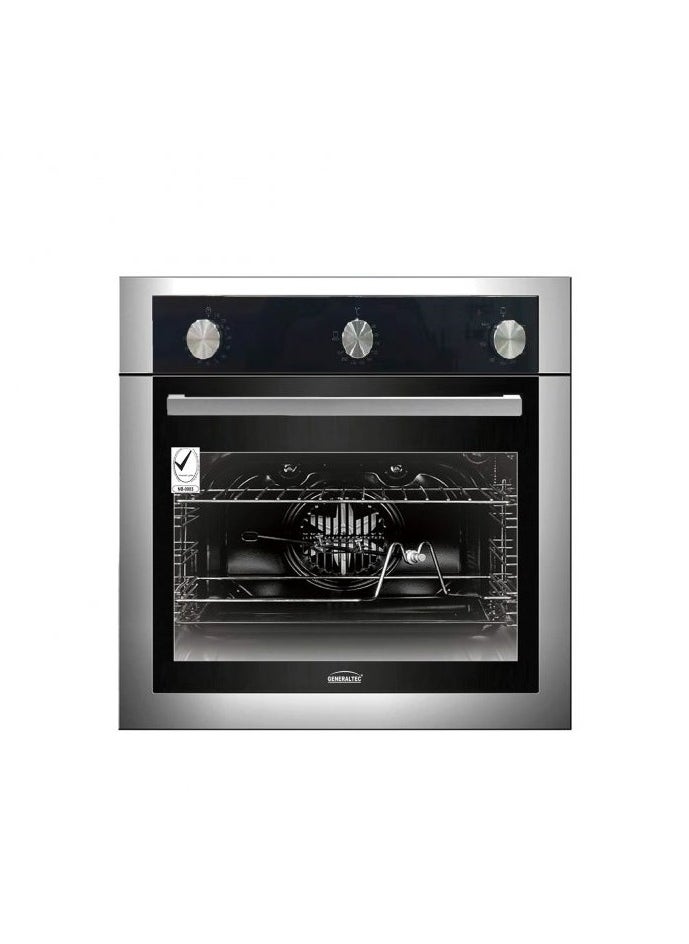 Generaltec 60cm Gas & Electric Built in Oven With Fan and Grill, Stainless Steel Panel with Double Glass Door, 10 Cooking Function, LED Display, Heavy Duty Built-in Oven | GBO85GESBC