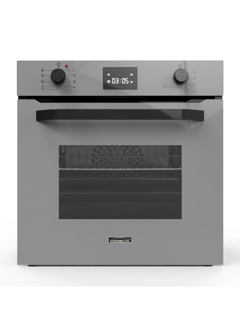 Generaltec Built In 60cm Electric Oven, Electronic Controls With 7 Segment Display, Functions Includes Baking Grilling Broiling Defrosting & Toasting, Turbo Grill, Integrated Cleaning System GBO60T14SAF Grey