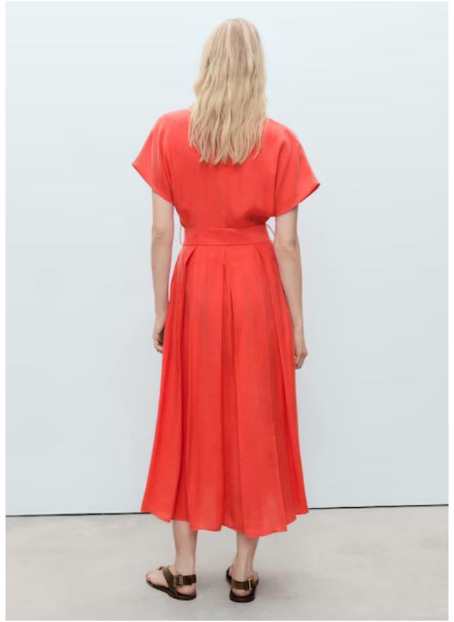 Belted Shirred Midi Dress