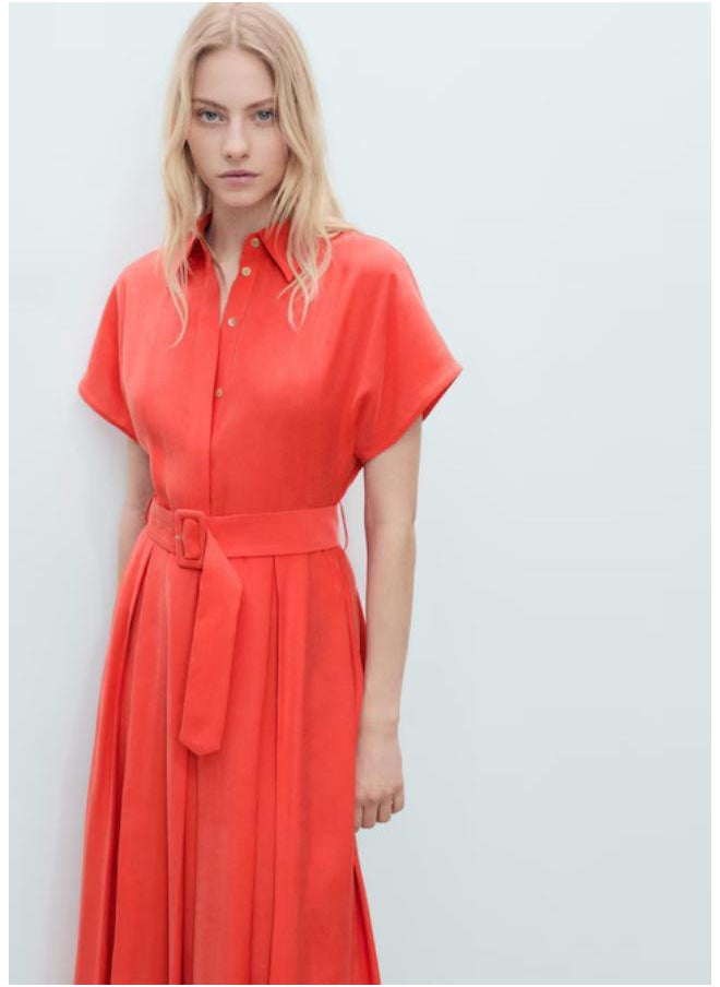 Belted Shirred Midi Dress