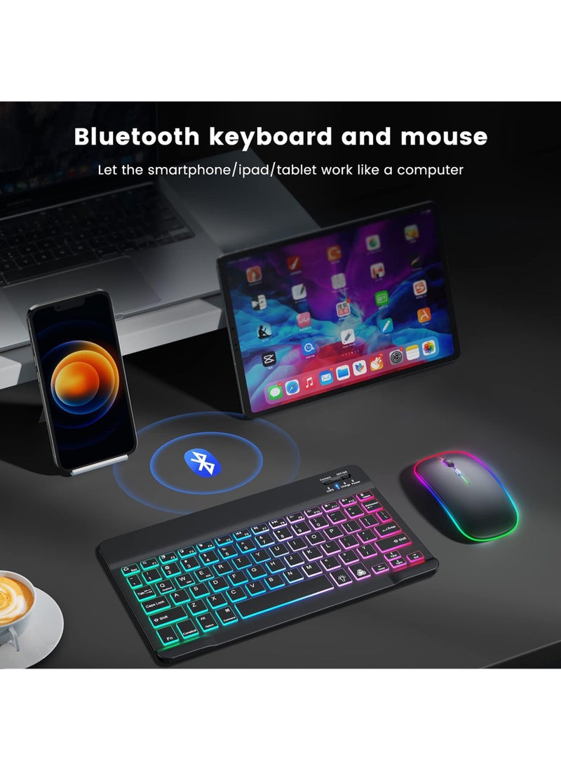 Ultra-slim Bluetooth Arabic English Keyboard and Mouse Combo for iPad Rechargeable Wireless Keyboard & Mouse with 7-Color Backlit Compatible with iPad 9th/8th Gen iPad Pro/Air/Mini iPhone14/13/12 Pro