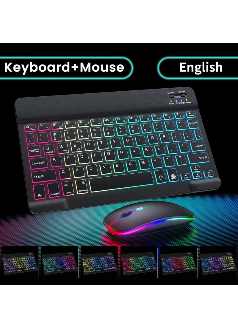 Ultra-slim Bluetooth Arabic English Keyboard and Mouse Combo for iPad Rechargeable Wireless Keyboard & Mouse with 7-Color Backlit Compatible with iPad 9th/8th Gen iPad Pro/Air/Mini iPhone14/13/12 Pro