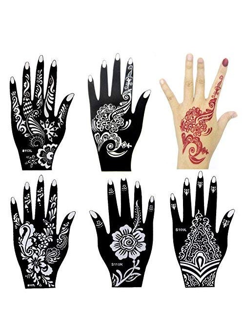 Xmasir 6 Sheets India Henna Tattoo Stencil Kit for Women Girl Hand Art Painting Temporary Tattoo Sticker Glitter Templates 787 x 4