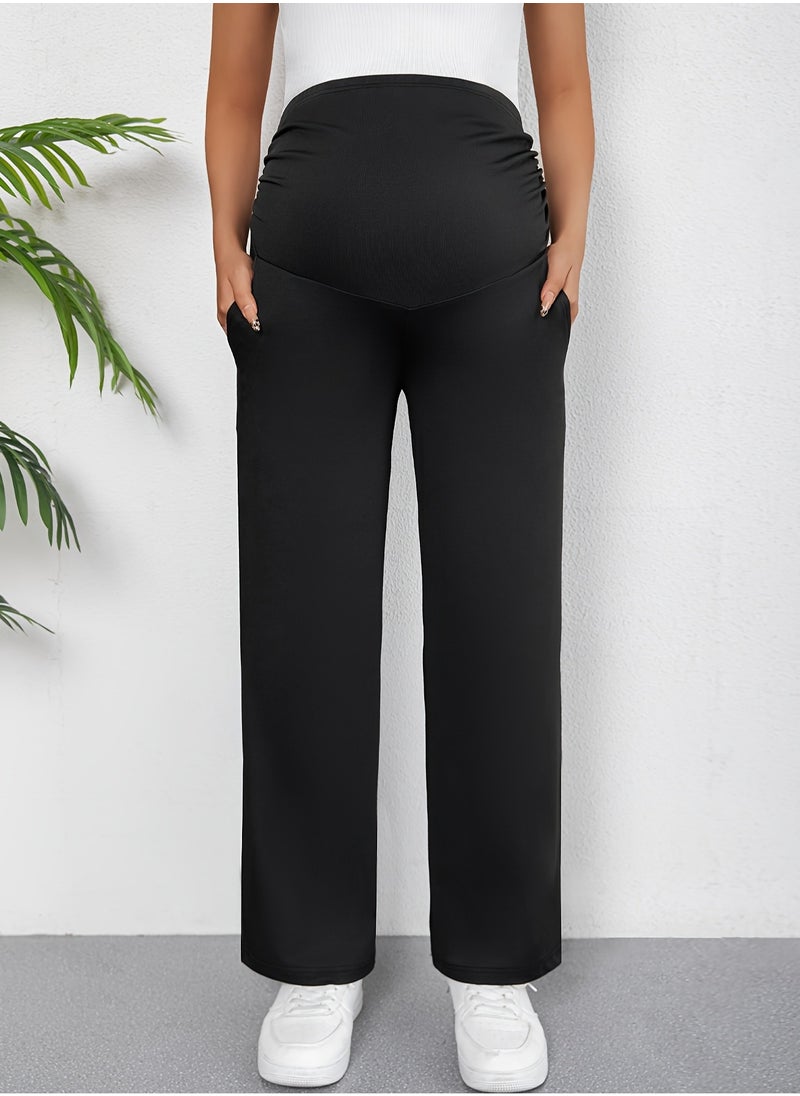 Elegant High-Waist Maternity Pants Comfortable Stretchy Fit with Slant Pockets Perfect for Spring Summer and Fall