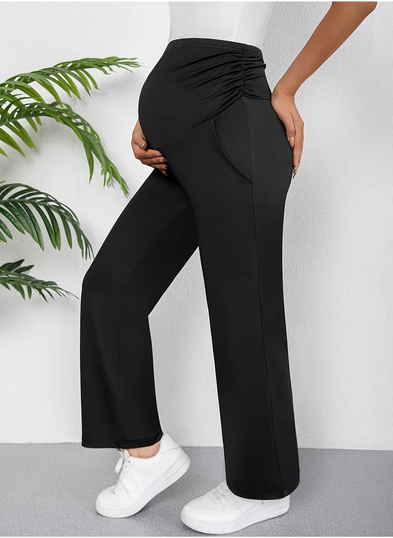 Elegant High-Waist Maternity Pants Comfortable Stretchy Fit with Slant Pockets Perfect for Spring Summer and Fall