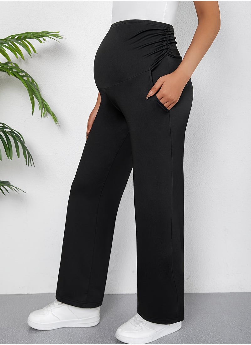 Elegant High-Waist Maternity Pants Comfortable Stretchy Fit with Slant Pockets Perfect for Spring Summer and Fall