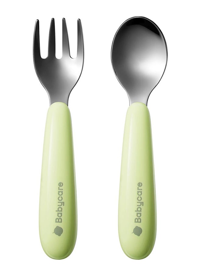 Babycare - Stainless Steel Fork and Spoon Set Green with Box – BPA-Free, Durable Utensils for Babies and Toddlers, Safety Approved