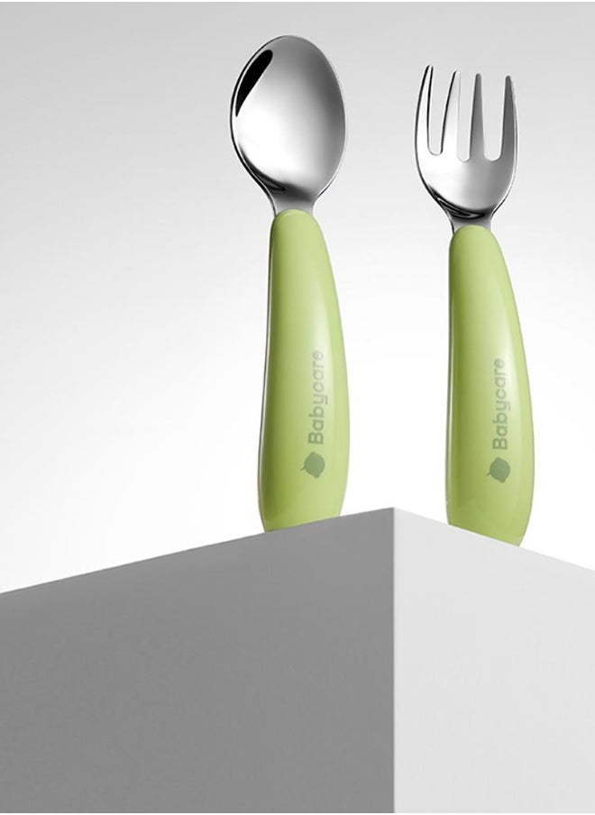 Babycare - Stainless Steel Fork and Spoon Set Green with Box – BPA-Free, Durable Utensils for Babies and Toddlers, Safety Approved
