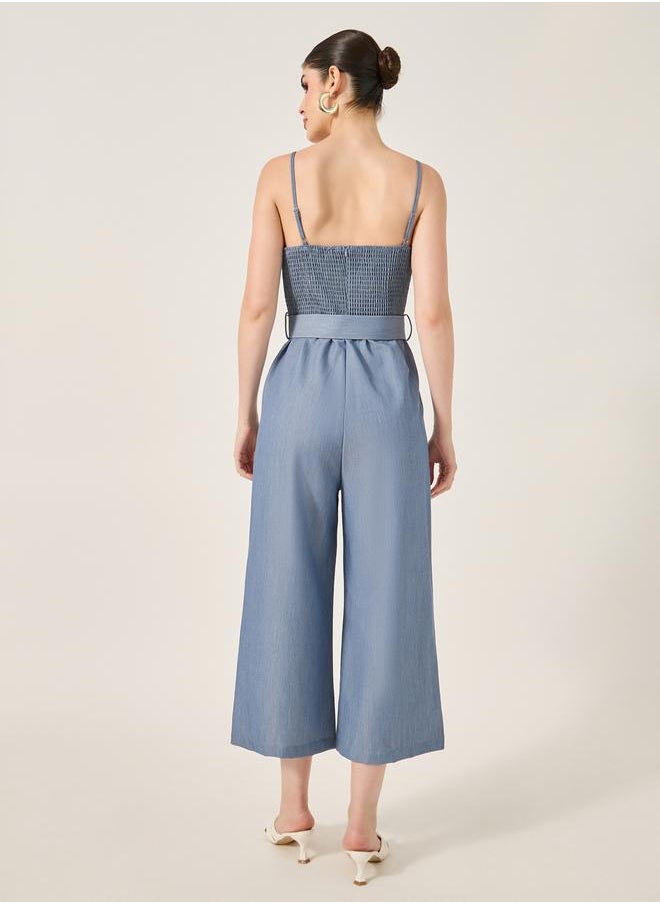 Smocked Back Belted Strappy Wide Leg Jumpsuit