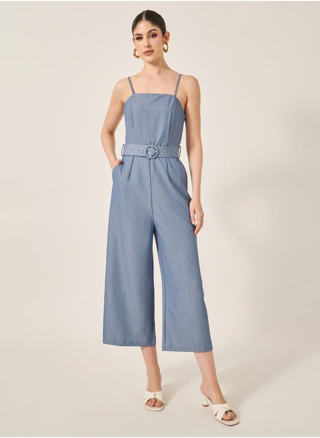 Smocked Back Belted Strappy Wide Leg Jumpsuit