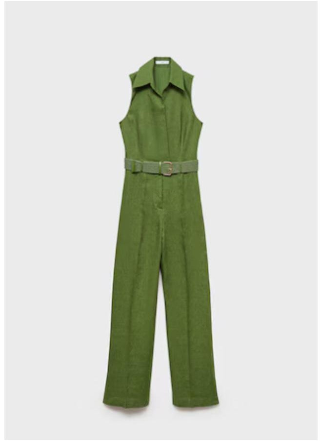 Casual Belted Linen Shirt Jumpsuit