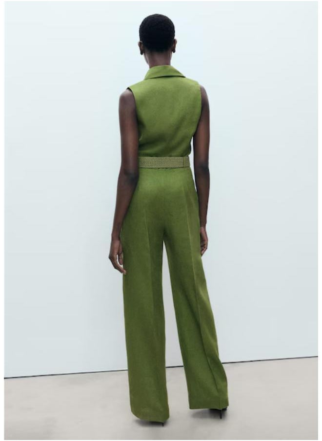 Casual Belted Linen Shirt Jumpsuit