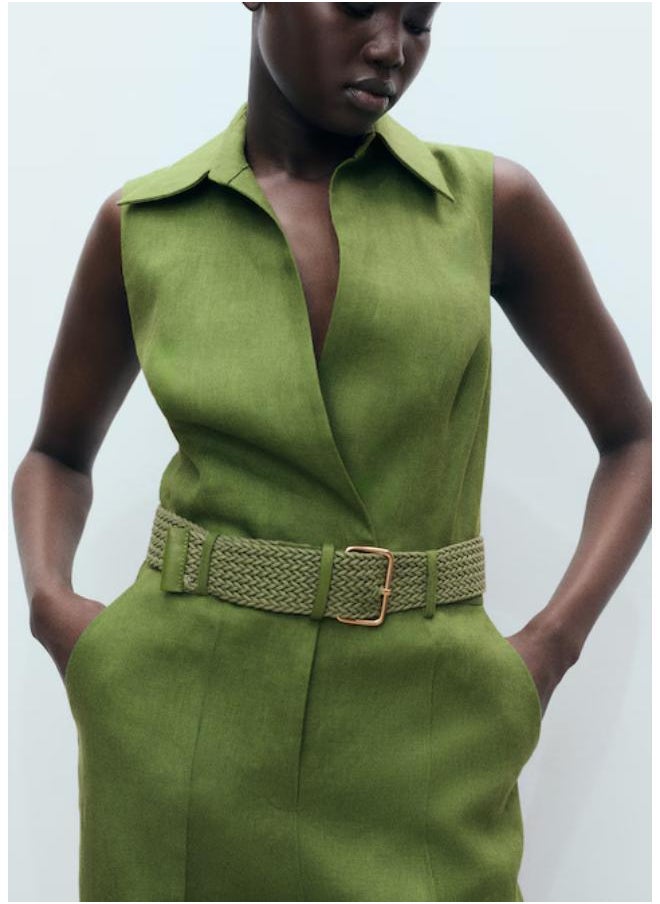 Casual Belted Linen Shirt Jumpsuit