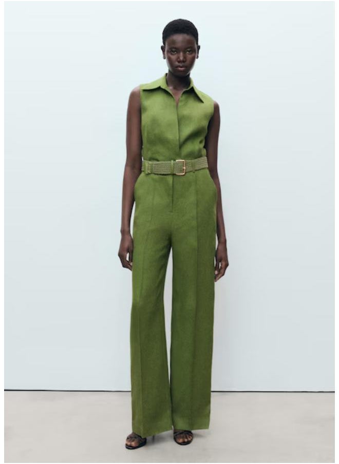 Casual Belted Linen Shirt Jumpsuit