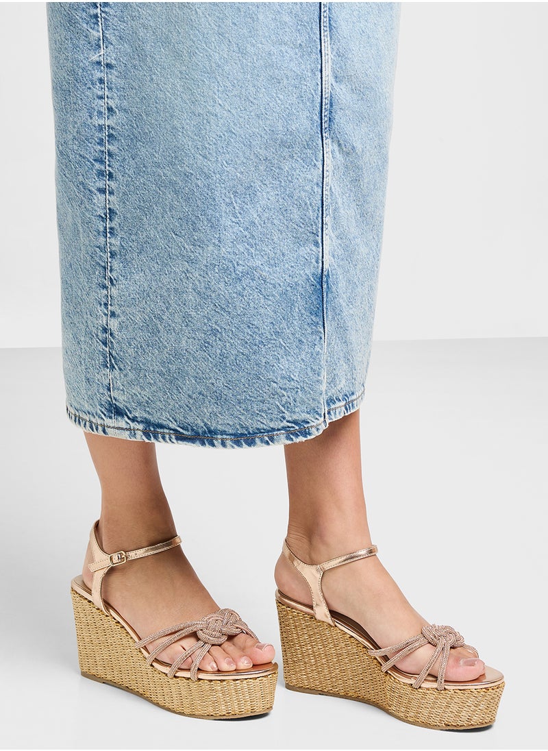 Ankle Strap Multi Strap Knotted High Wedge Sandal