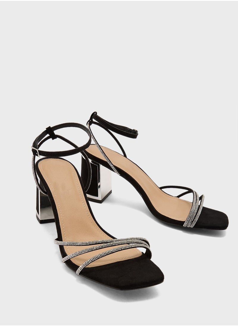 Ankle Strap Diamante Strap Block Heel Sandal