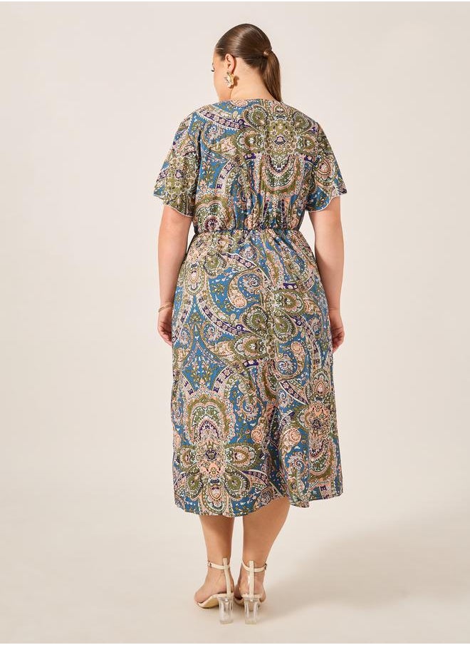 Plus Size All-Over Printed Wrap Look A-Line Midi Dress