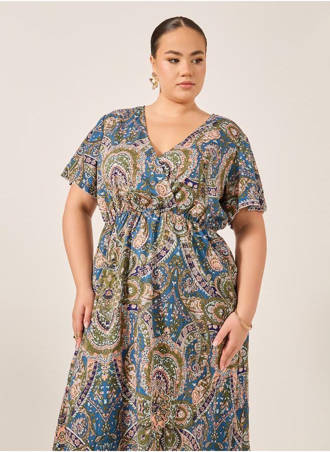 Plus Size All-Over Printed Wrap Look A-Line Midi Dress