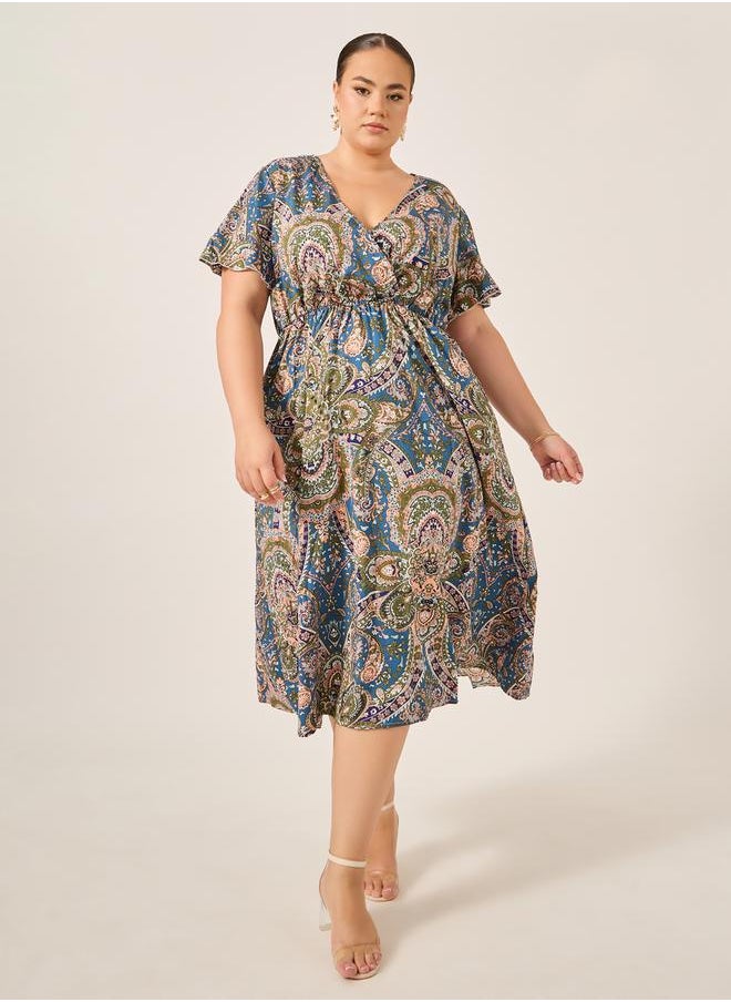 Plus Size All-Over Printed Wrap Look A-Line Midi Dress