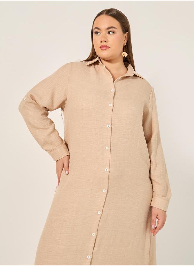 Plus Size Roll-Up Sleeves Shirt Maxi Dress