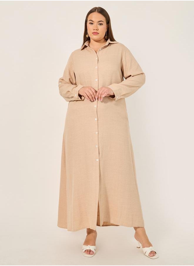 Plus Size Roll-Up Sleeves Shirt Maxi Dress