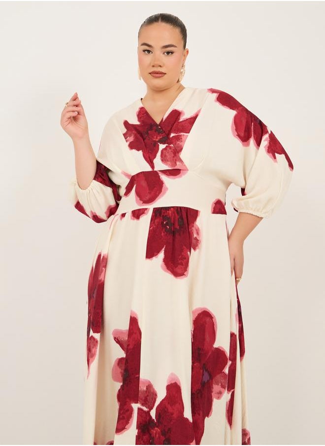Plus Size Printed V-Neck A-Line Maxi Dress