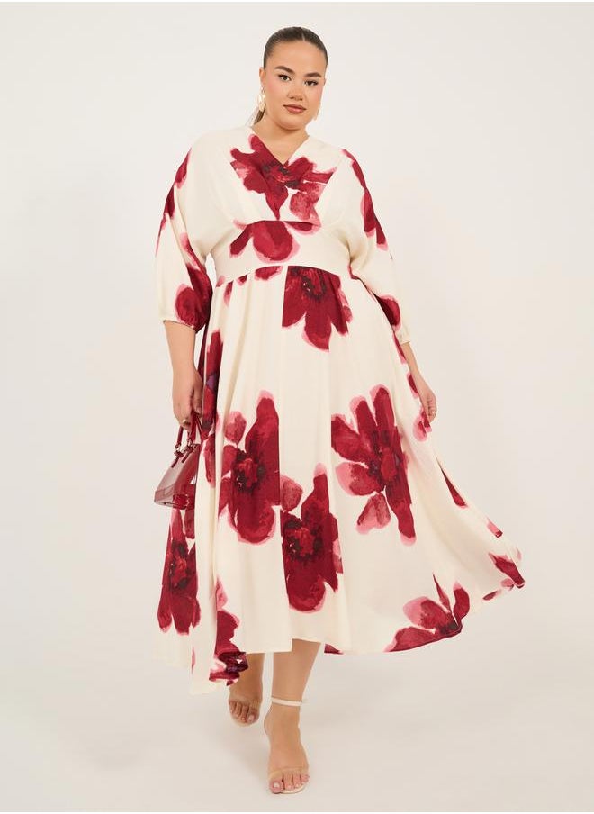 Plus Size Printed V-Neck A-Line Maxi Dress