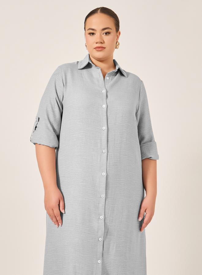 Plus Size Roll-Up Sleeves Shirt Maxi Dress