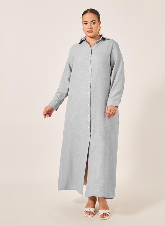 Plus Size Roll-Up Sleeves Shirt Maxi Dress
