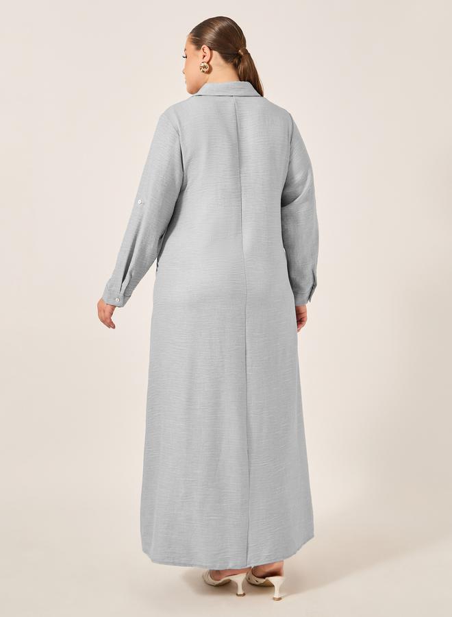 Plus Size Roll-Up Sleeves Shirt Maxi Dress
