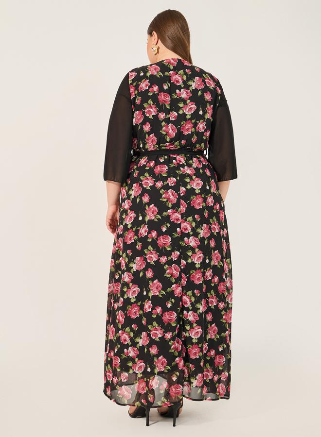 Print 3/4th Sleeves A-Line Maxi Dress