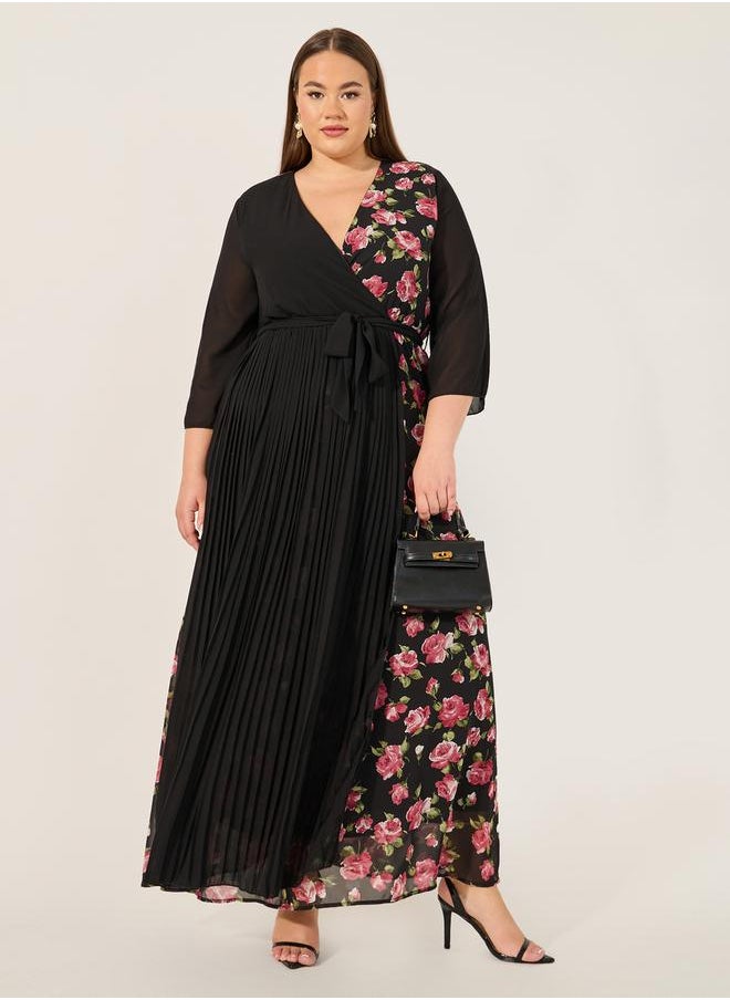 Print 3/4th Sleeves A-Line Maxi Dress
