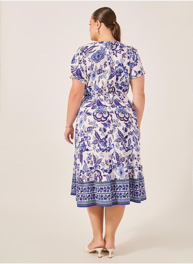 Plus Size All-Over Printed Wrap Look A-Line Midi Dress