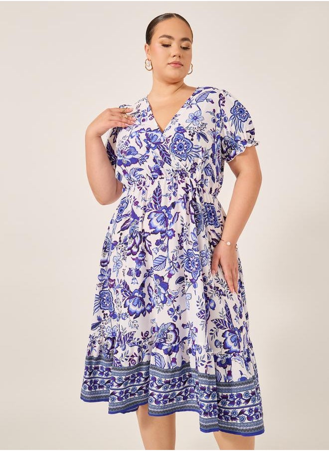 Plus Size All-Over Printed Wrap Look A-Line Midi Dress