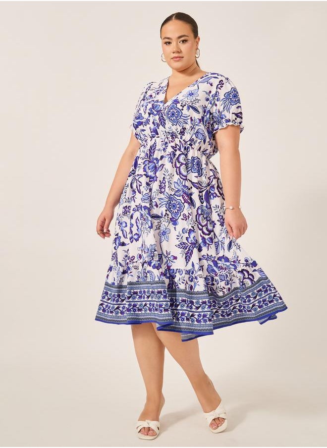 Plus Size All-Over Printed Wrap Look A-Line Midi Dress