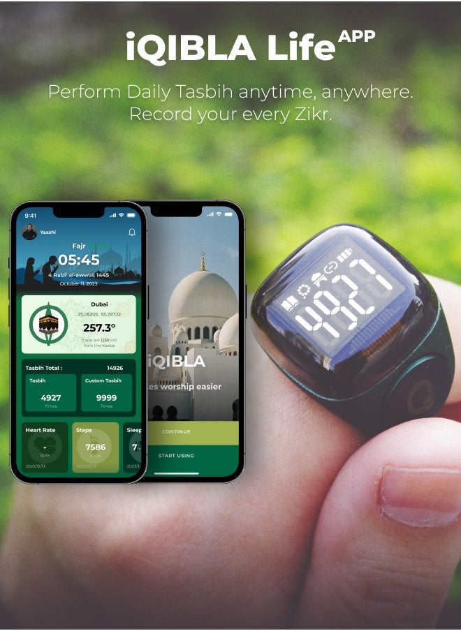 UMEOX iQIBLA Smart Zikr Ring Noor Black 22MM | 5 Prayer Time Reminders | Tasbih Smart Counter | 0.69-inch large screen | iQIBLA Social Life App(Points Redemption,Sleep,Heart Rate,Steps...) | Tracks 9999 counts | iQIBLA Service