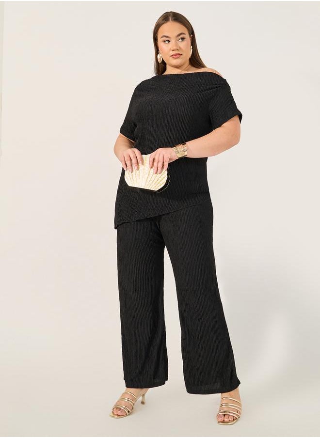 Plus Size Textured Wide Leg Pants with Elastic Waistband