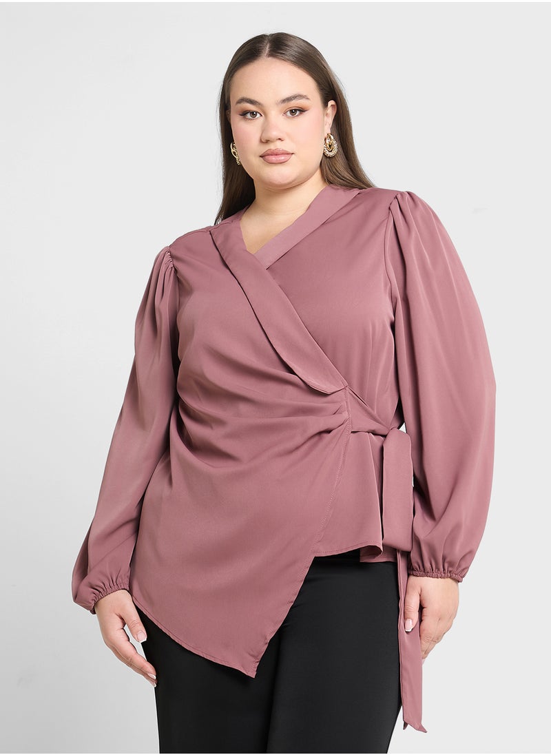 V Neck Wrap Tie Up Blouse