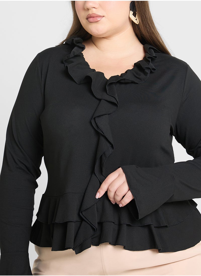 Long Sleeve Fitted T-Shirt With Frill Detail