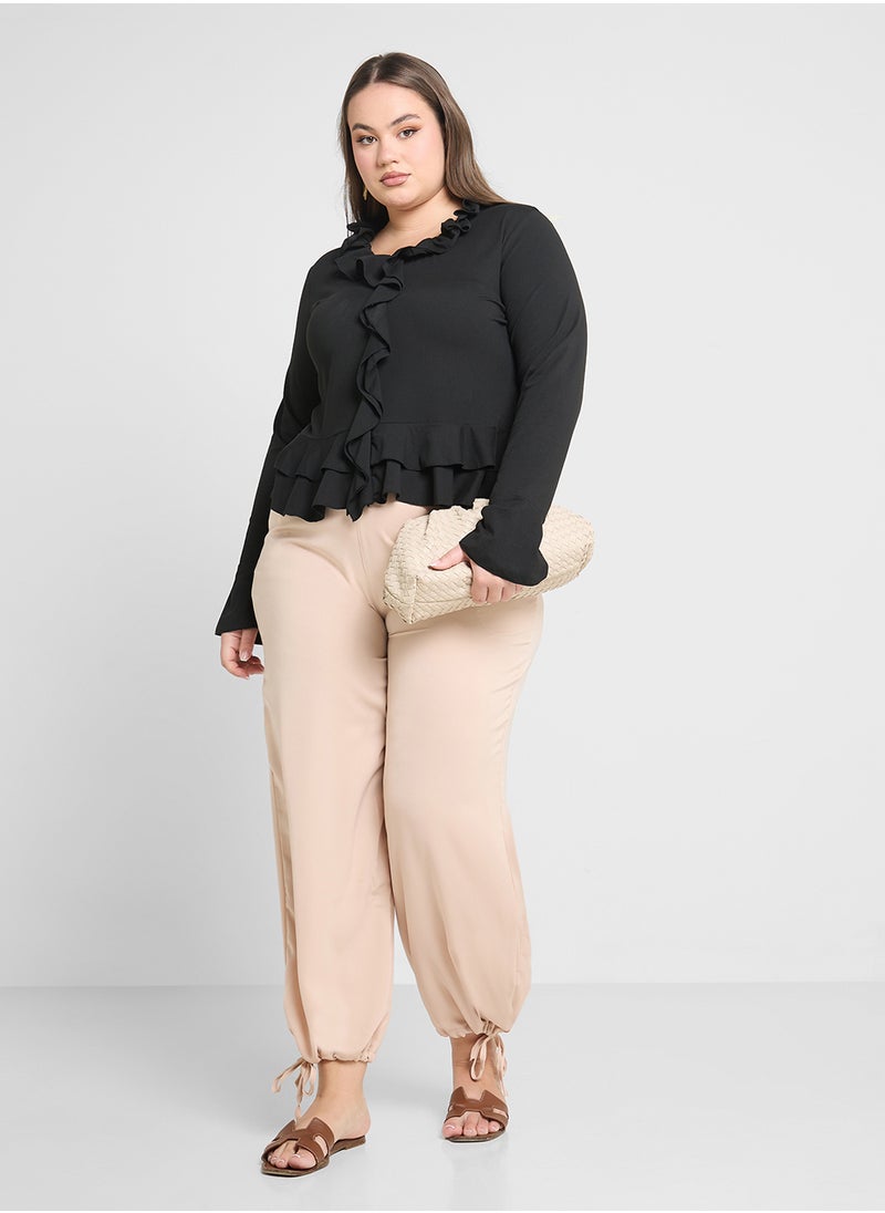 Long Sleeve Fitted T-Shirt With Frill Detail