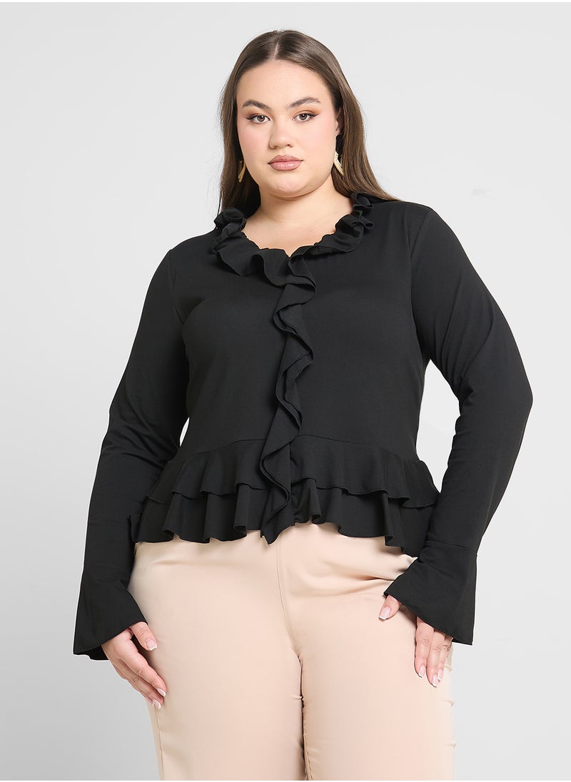 Long Sleeve Fitted T-Shirt With Frill Detail