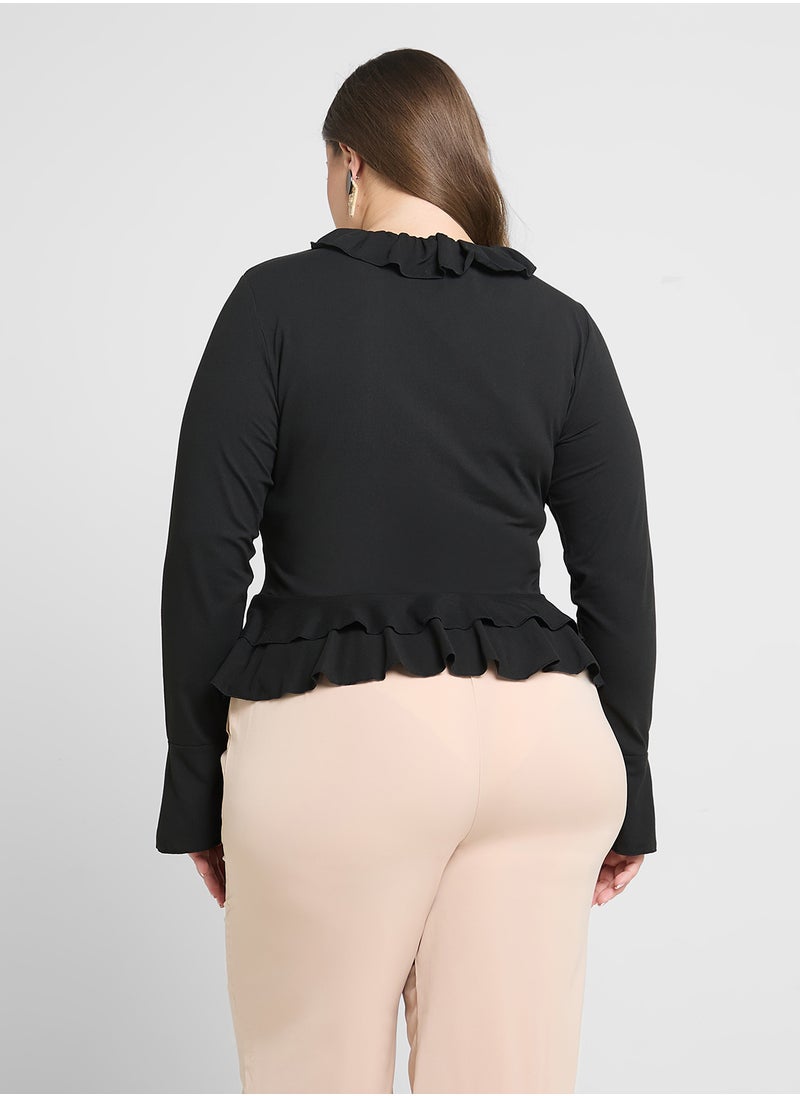 Long Sleeve Fitted T-Shirt With Frill Detail