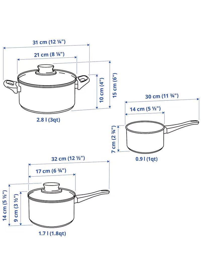 3 Pcs Cookware Set Stainless Steel, Included Pot with Lid 2.8L, Pot With Lid 1.7L, Saucepan 0.9L