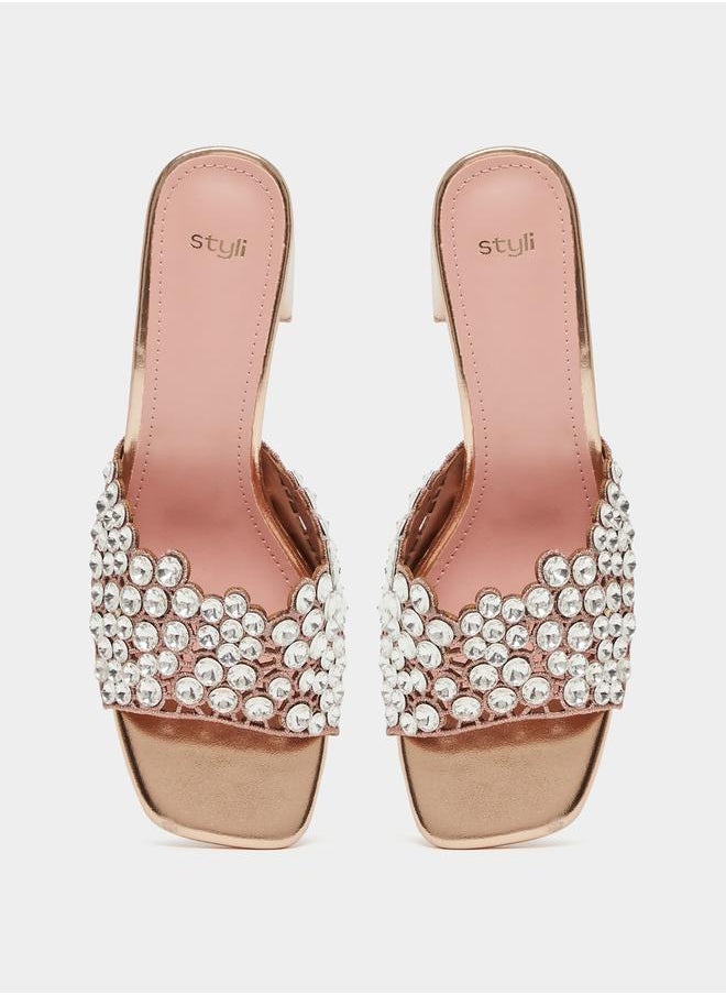 Embellished Wide Strap Block Heel Sandals