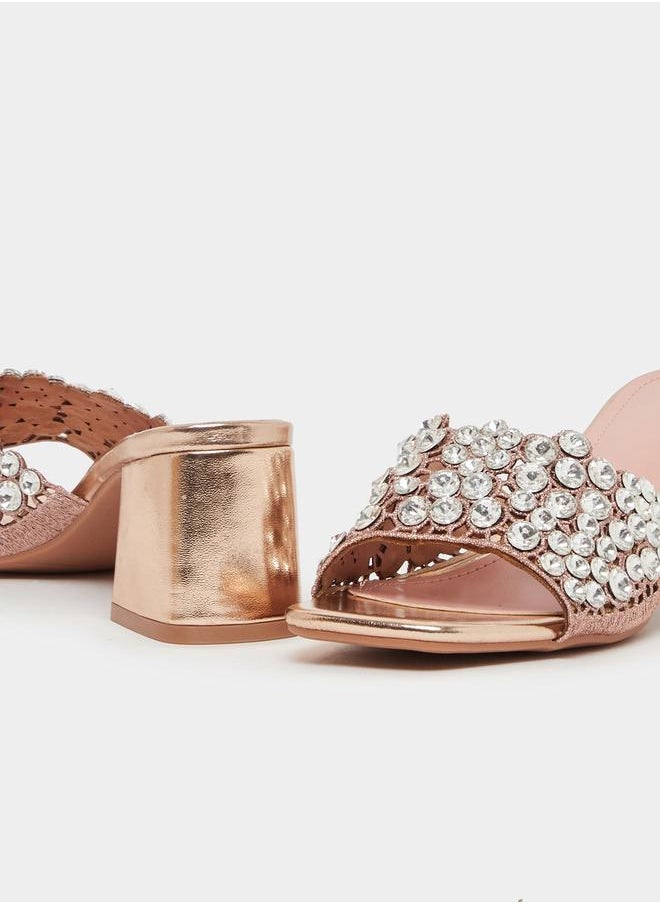 Embellished Wide Strap Block Heel Sandals